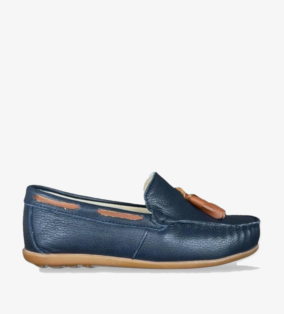 Hakiki Deri Püsküllü Erkek Çocuk Ayakkabı LACİVERT