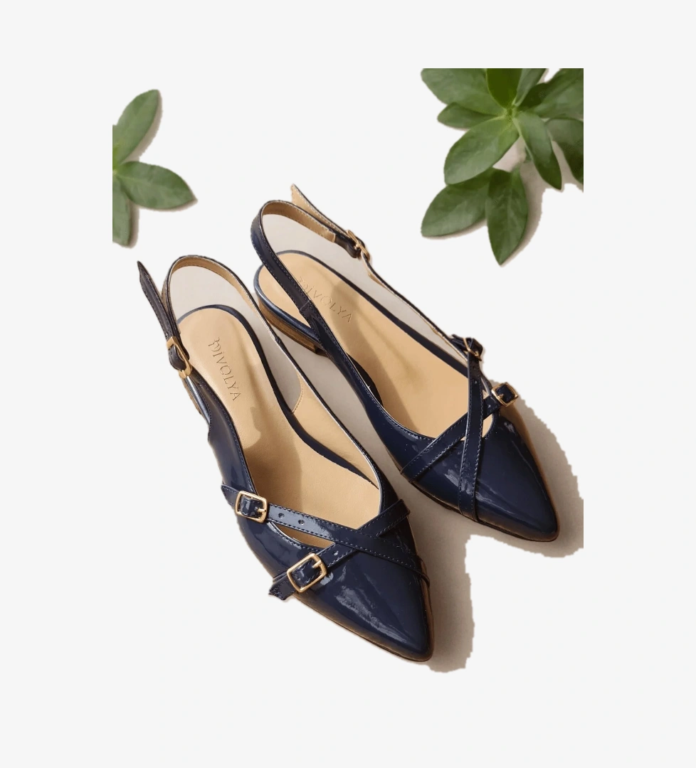 Pably Lacivert Rugan ( 2 cm Topuklu ) Sivri Burun Ayakkabı
