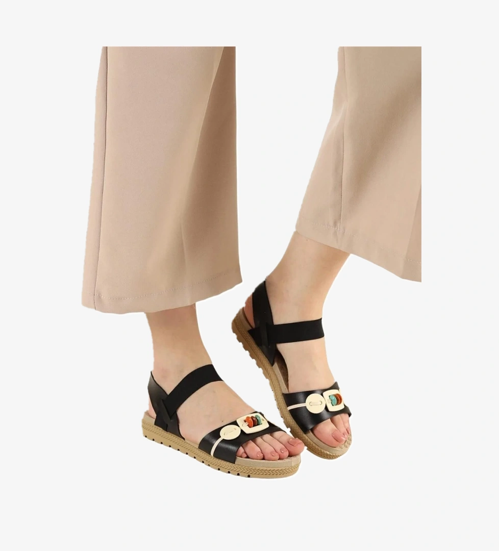 Lastikli Boncuk Detaylı Günlük Kadın Sandalet SİYAH