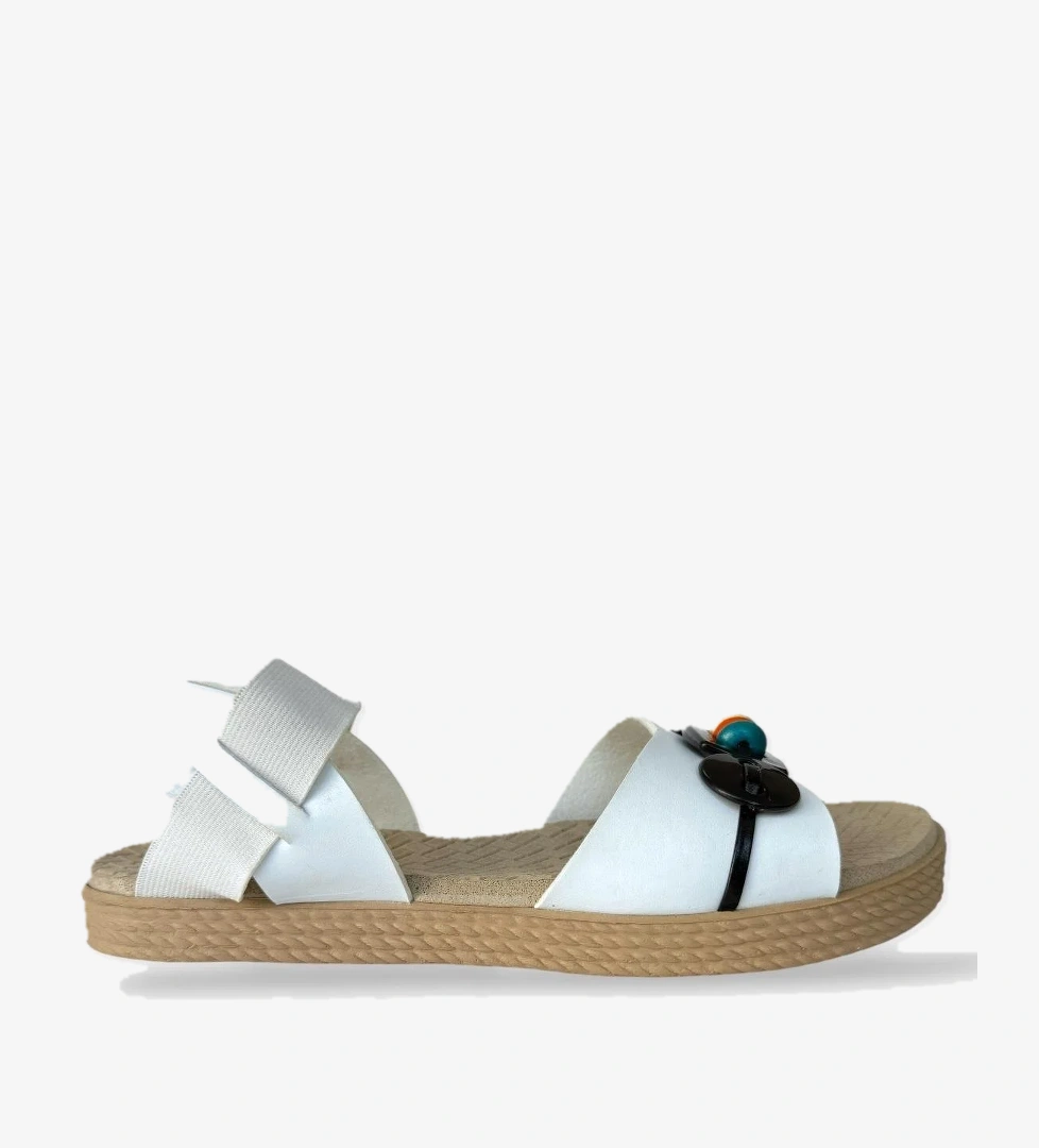 Lastikli Boncuk Detaylı Günlük Kadın Sandalet BEYAZ