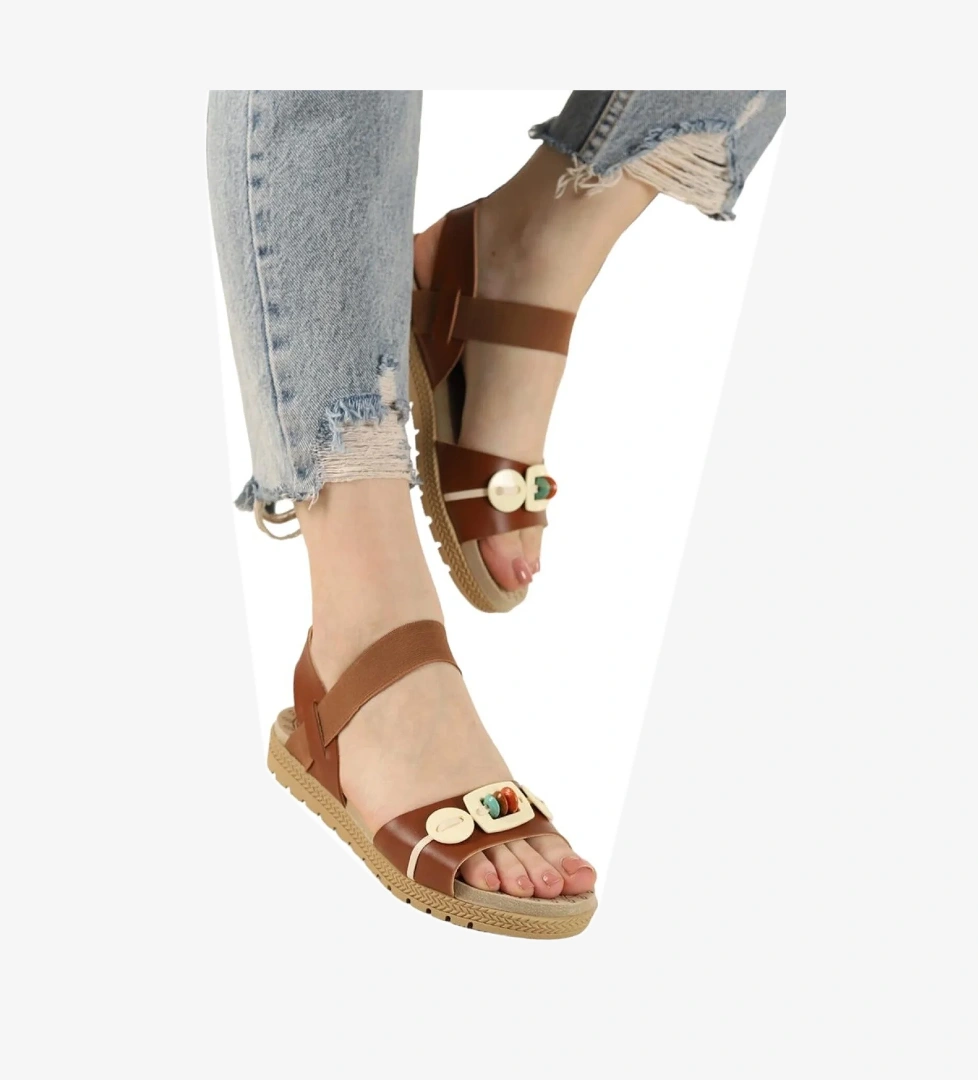 Lastikli Boncuk Detaylı Günlük Kadın Sandalet TABA - Görsel 1