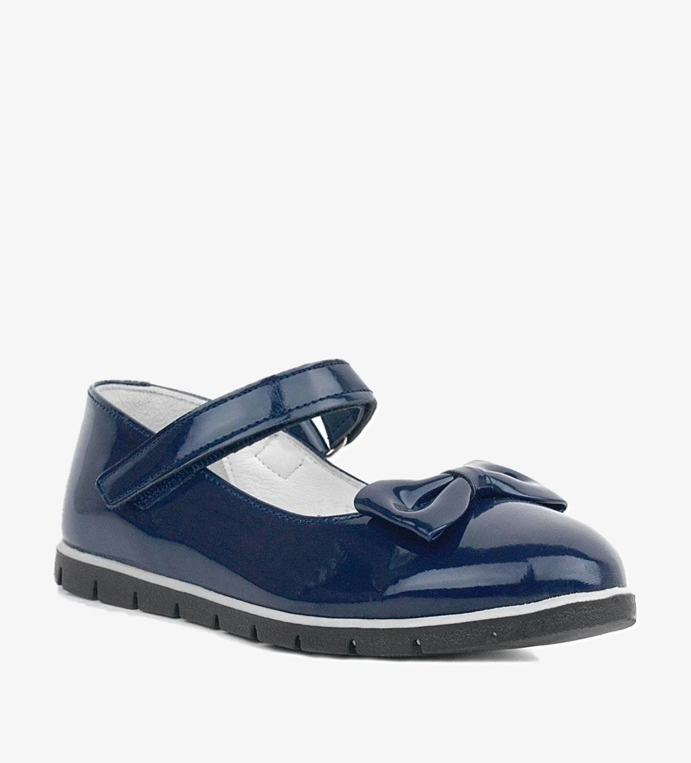 Lacivert Rugan Fiyonklu Cırtlı Kız Çocuk Babet - Görsel 1