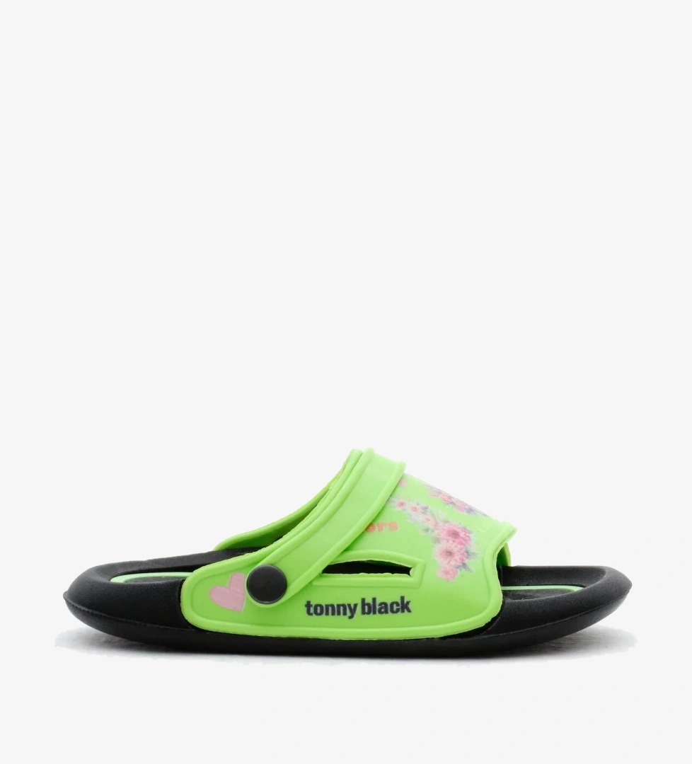 Kız Çocuk Yeşil Poli Taban Çiçek Desenli Terlik