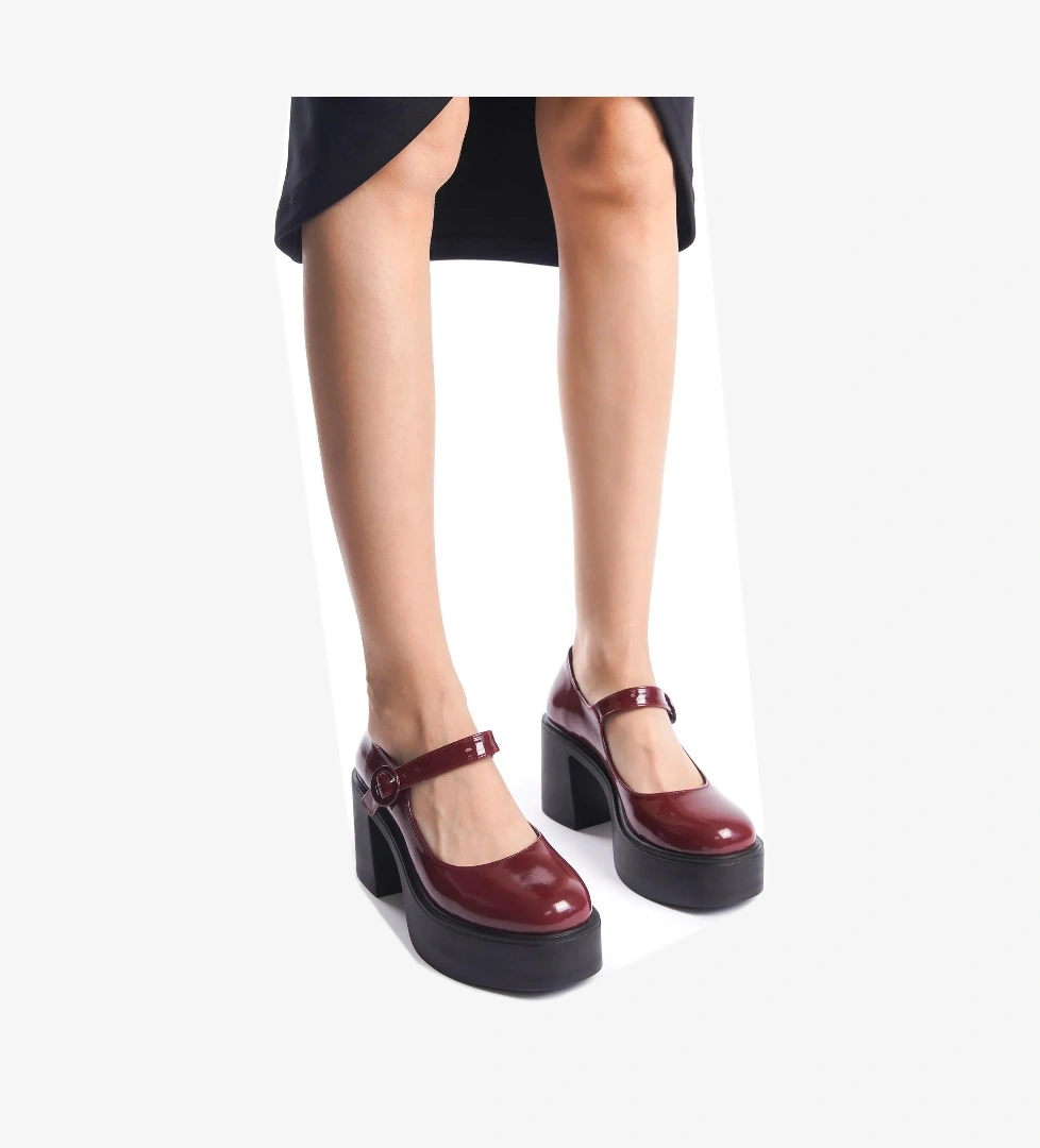 Biza Bordo Rugan Mary Jane Ayakkabı Kalın Platform Topuklu Sandalet - Görsel 1