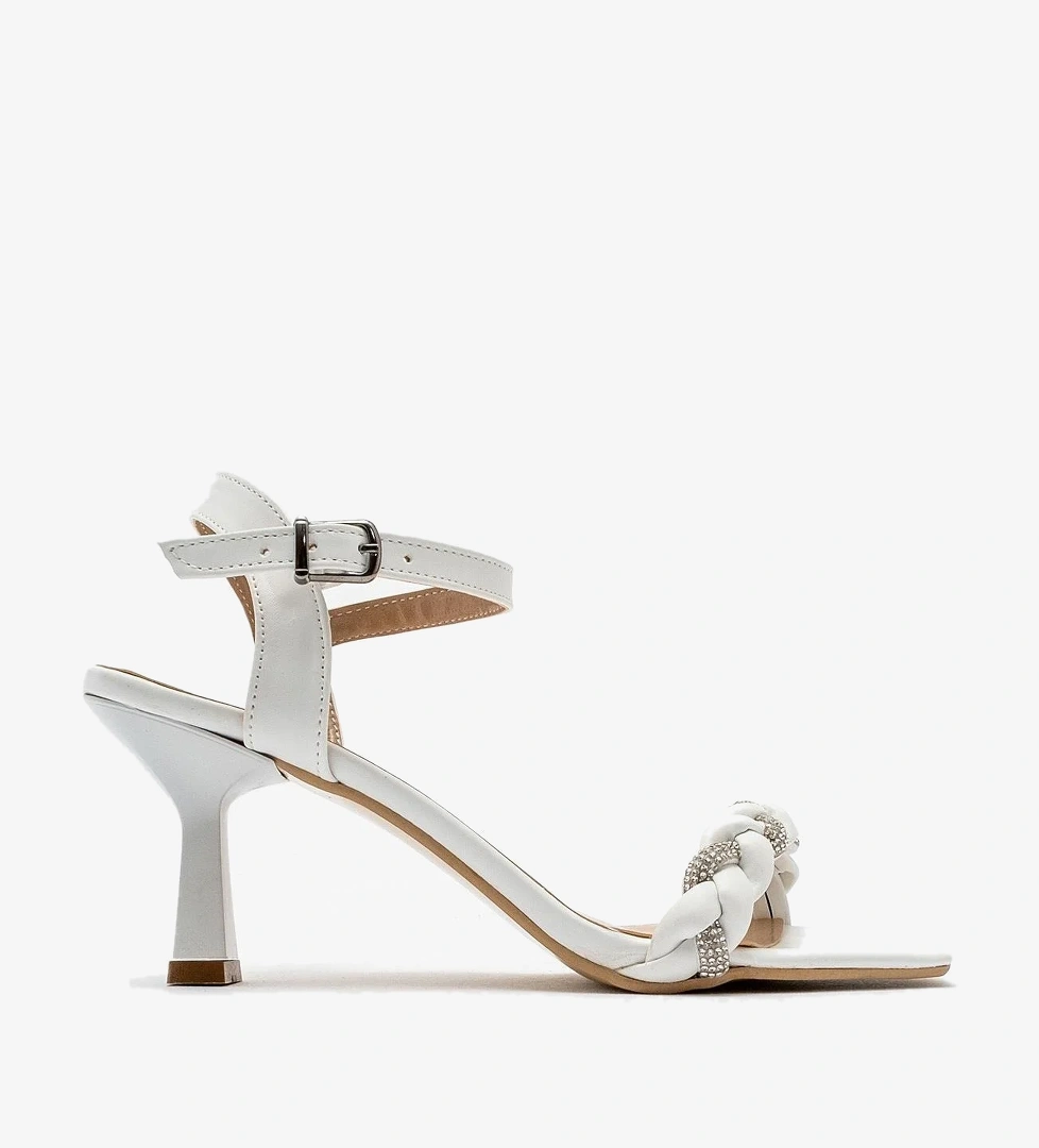 Kadın Taşlı Örgülü Topuklu Sandalet BEYAZ CİLT