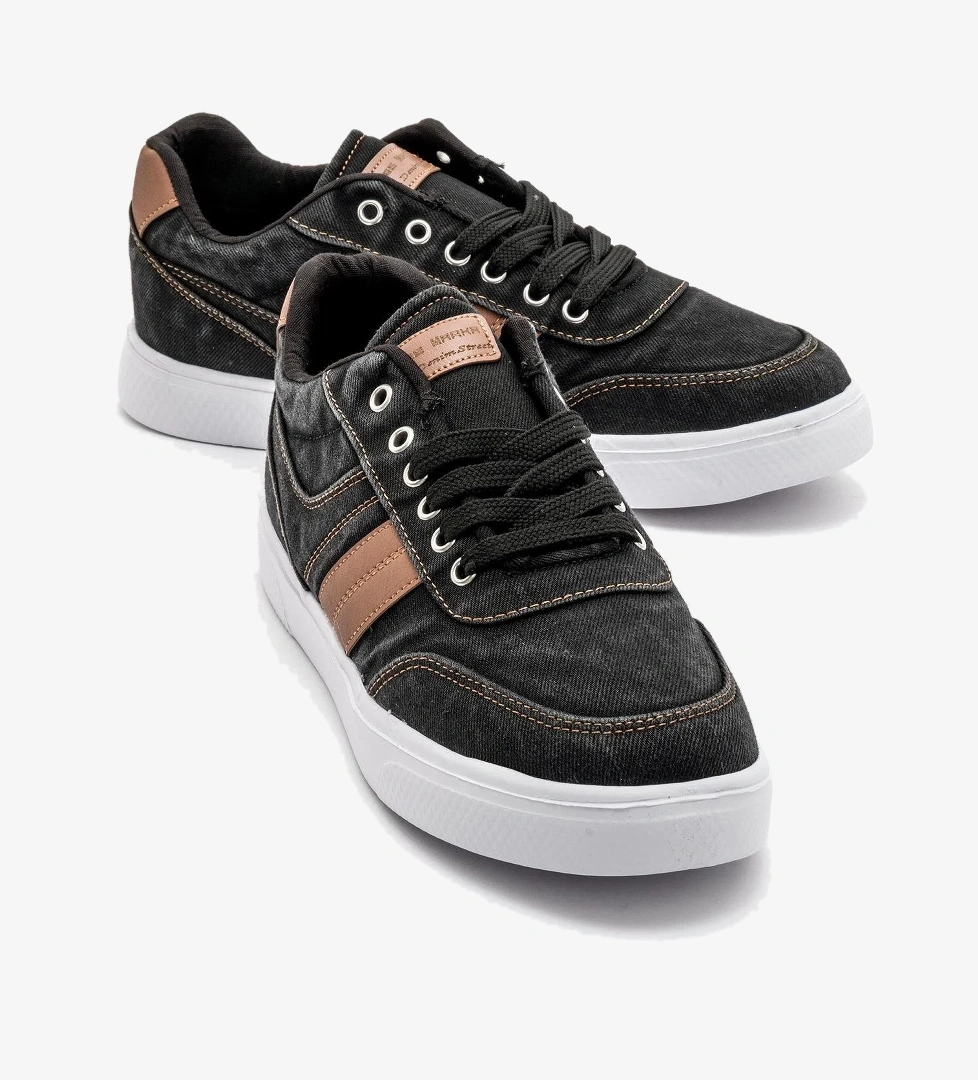 Erkek Bağcıklı Kot Spor Ayakkabı SİYAH BEYAZ