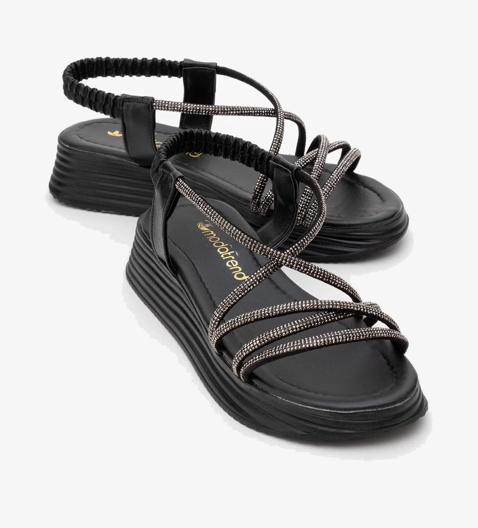 Kadın Çapraz Taşlı Sandalet SİYAH - Görsel 1