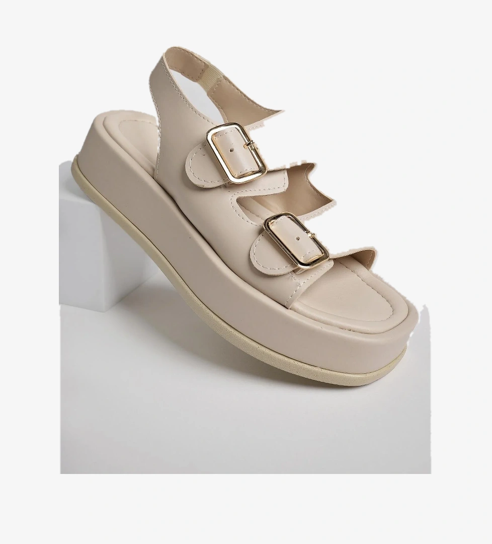 WANDA Garantili Dolgu Topuklu Çift Bantlı Toka Detaylı Lastikli Kadın Sandalet - Görsel 1