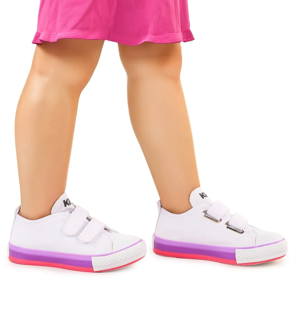 Linen Cırtlı Kız Çocuk Keten Spor Ayakkabı Beyaz - Pembe