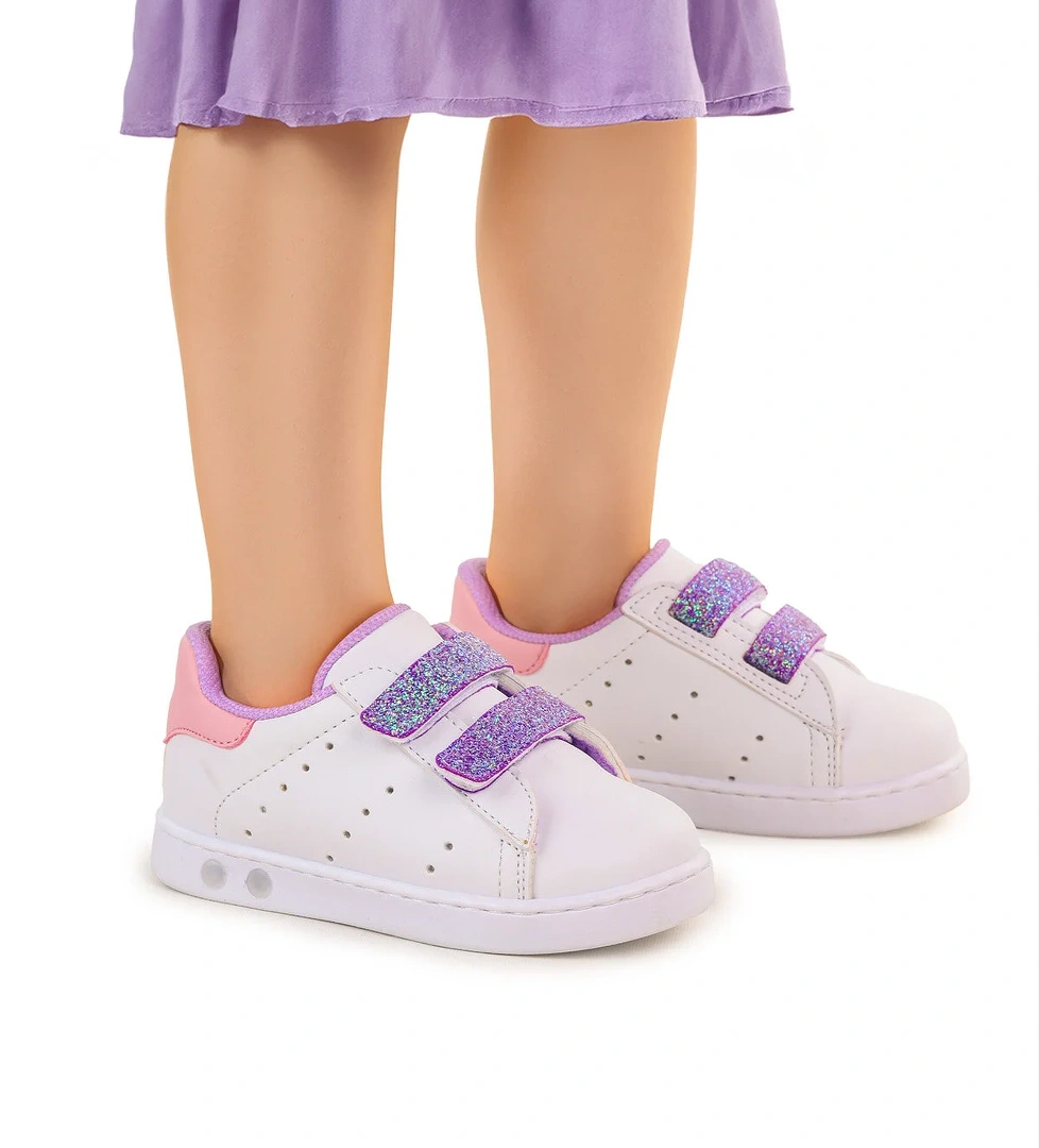 Royzo İlk Adım Bebe Cırtlı Işıklı Kız Bebek Spor Ayakkabı Beyaz - Görsel 1