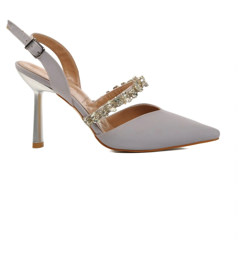 544012 Gümüş Saten Kadın Taşlı Abiye Ayakkabı - Görsel 1