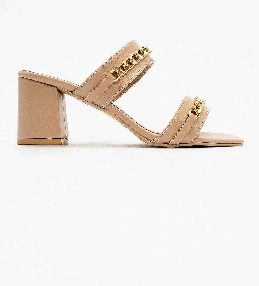 Kadın Zincirli Topuklu Terlik NUDE CİLT