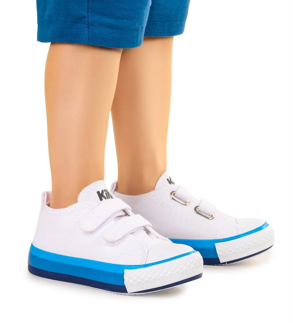 Linen Cırtlı Erkek Bebek Keten Spor Ayakkabı Beyaz - Mavi