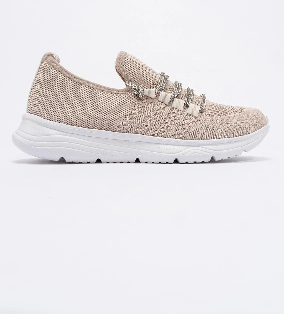 Kadın Taşlı Triko Ayakkabı KREM BEYAZ