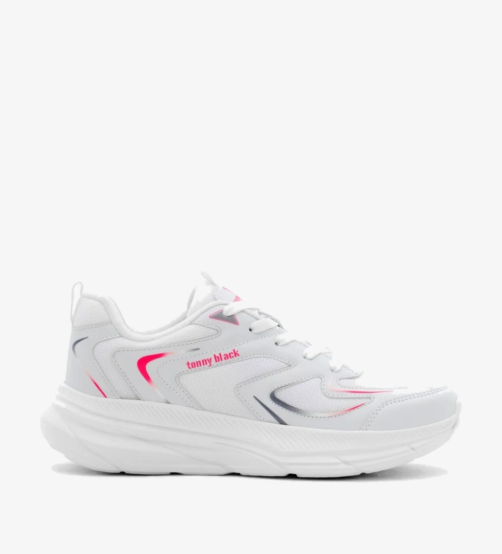 Unisex Beyaz Fuşya Nefes Alabilen Kumaş Faylon Taban Bağcıklı Spor Ayakkabı - Görsel 1