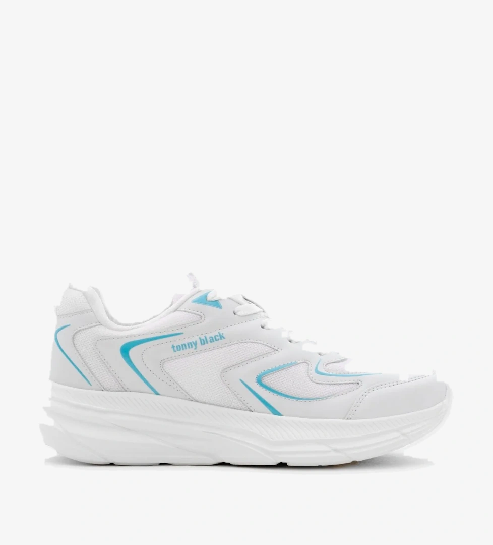 Unisex Beyaz Mavi Nefes Alabilen Kumaş Faylon Taban Bağcıklı Spor Ayakkabı