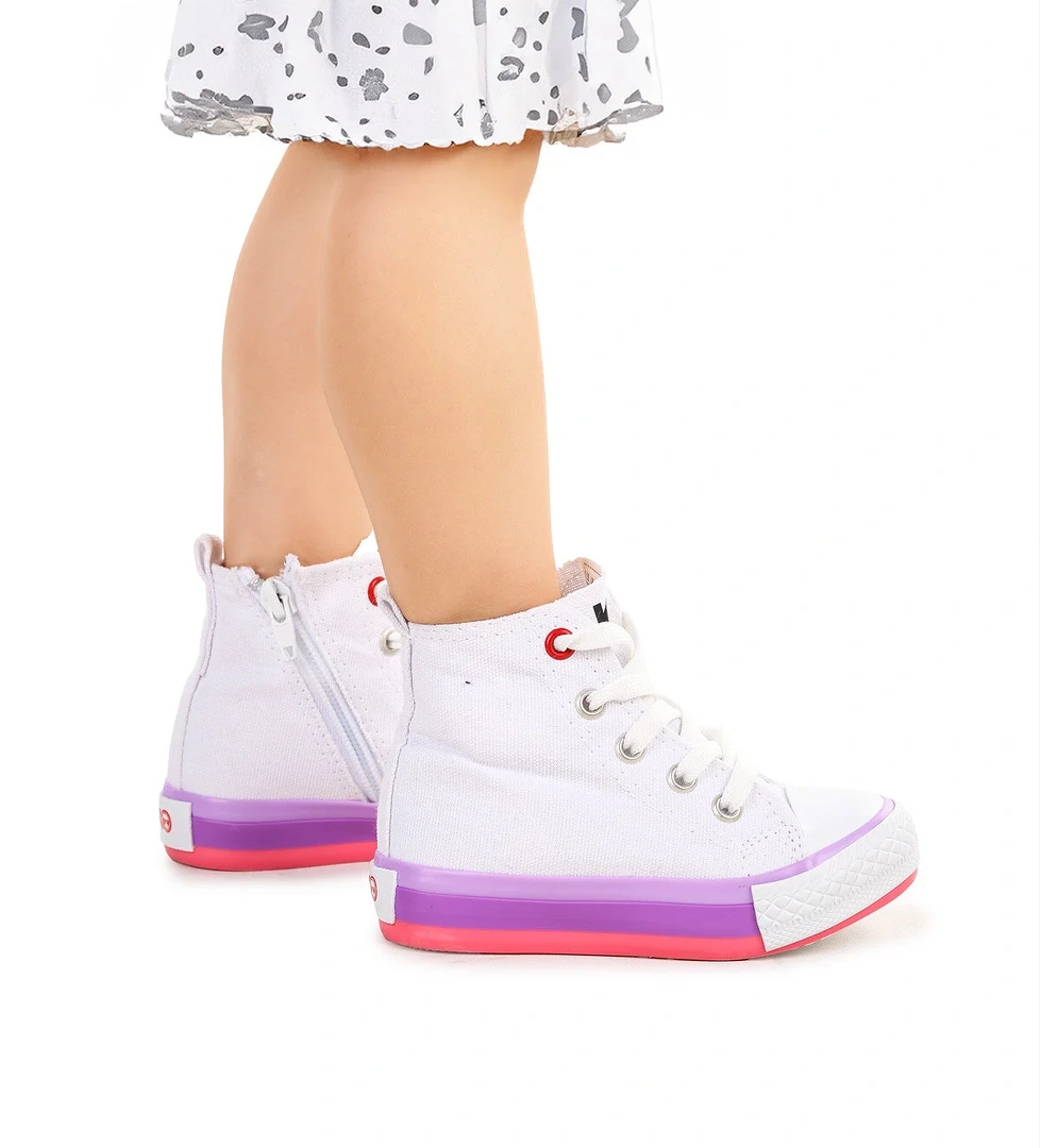 Tinna Bağcıklı Kız Bebek Boğazlı Keten Spor Ayakkabı Beyaz - Pembe - Görsel 1