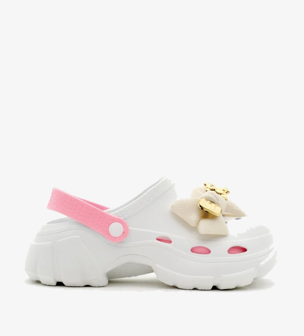 Kadın Beyaz Pembe Çıkartılabilir Taban Fiyonk Tokalı Yüksek Taban Eva Sandalet