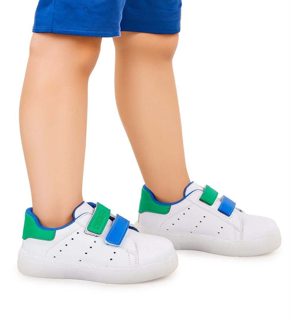 Royzo Cırtlı Işıklı Erkek Çocuk Spor Ayakkabı Beyaz - Mavi - Yeşil