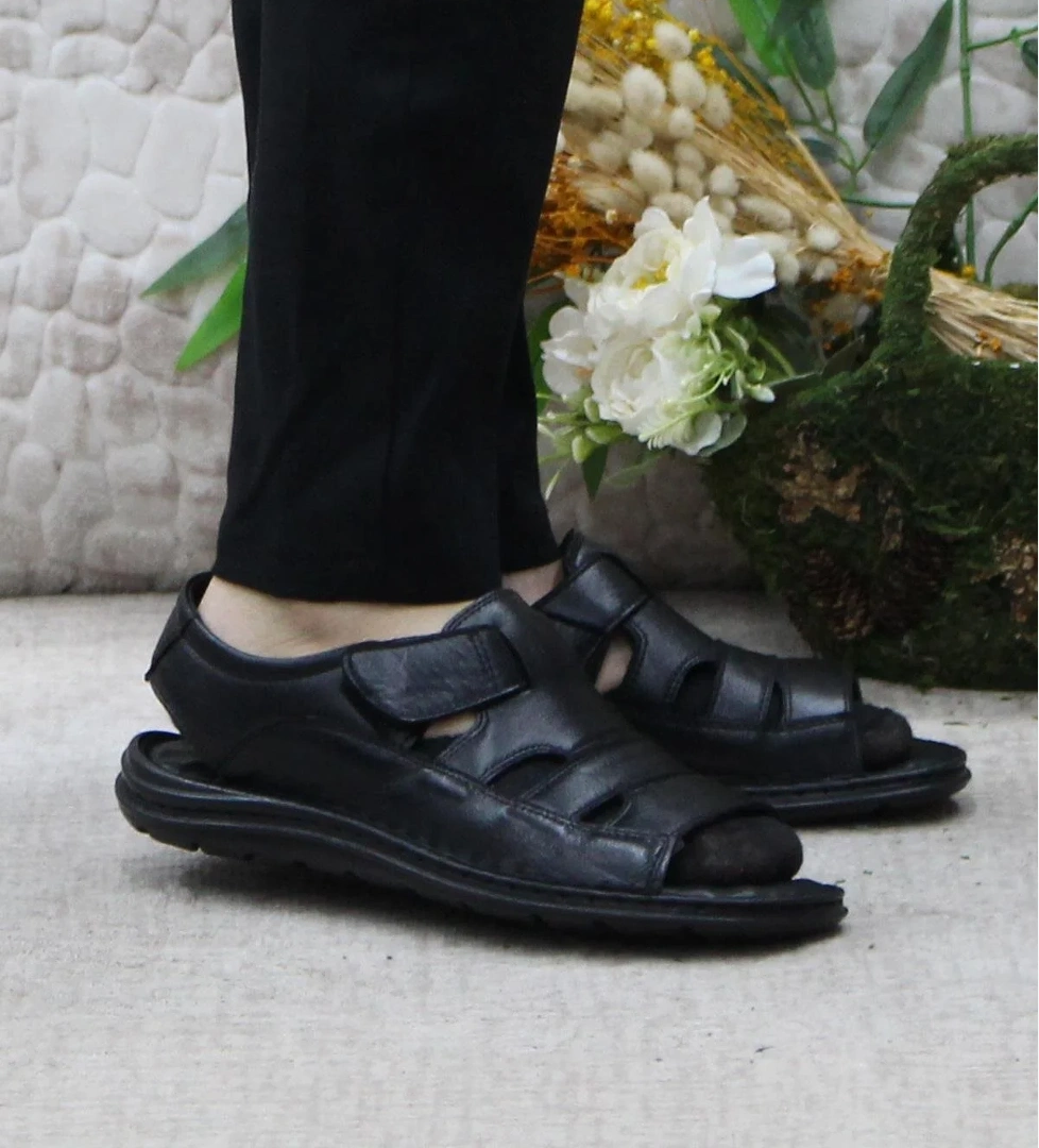 106 Siyah Kale Comfort Hakiki Deri Erkek Sandalet - Görsel 1