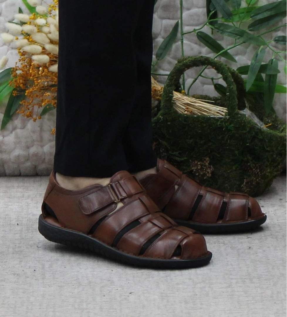 102 Taba Kale Comfort Hakiki Deri Erkek Sandalet - Görsel 1