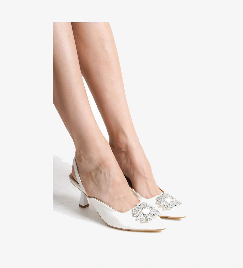 Elizabeth Beyaz Taşlı Stiletto Arkası Açık Abiye Ayakkabı