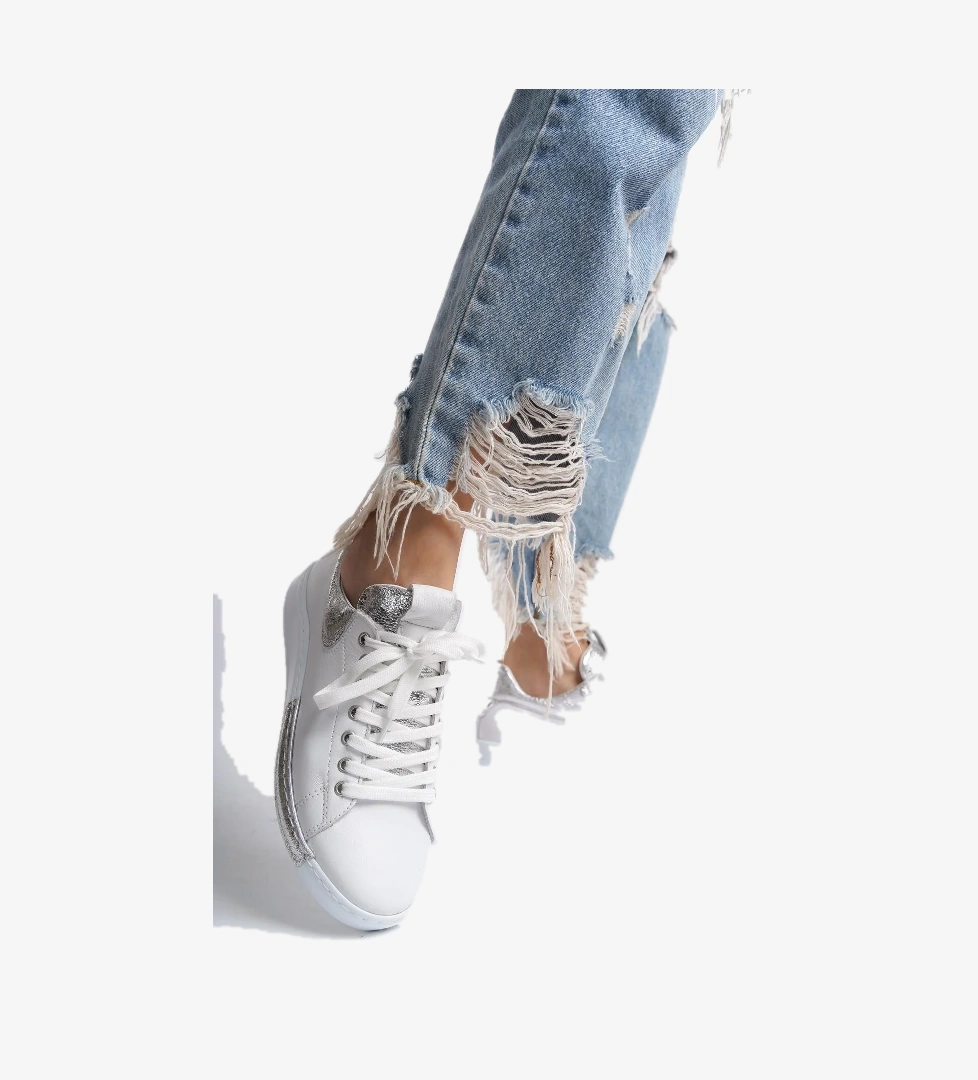 Harry Gümüş Beyaz Hakiki Deri Sneaker Kadın Günlük Spor Ayakkabı