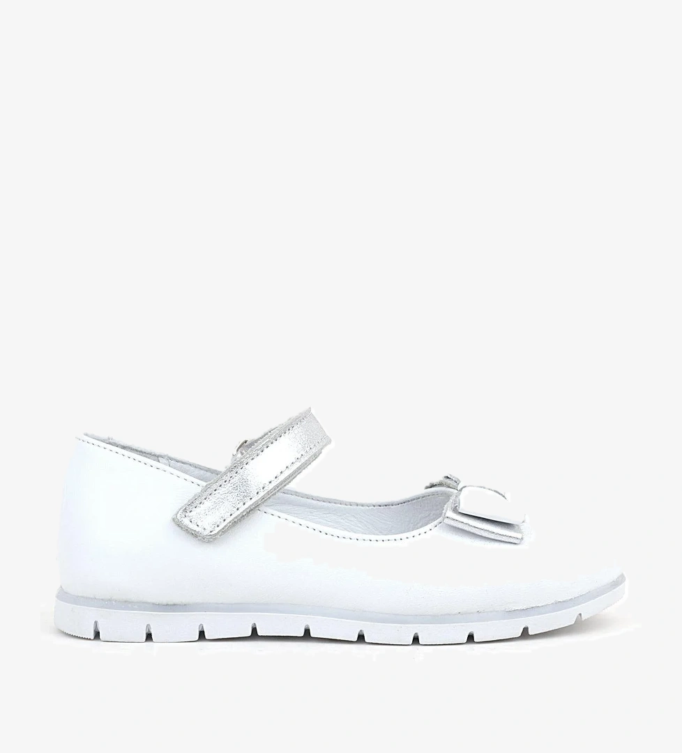 Hakiki Deri Beyaz Gümüş Fiyonklu Cırtlı Kız Çocuk Babet - Görsel 1