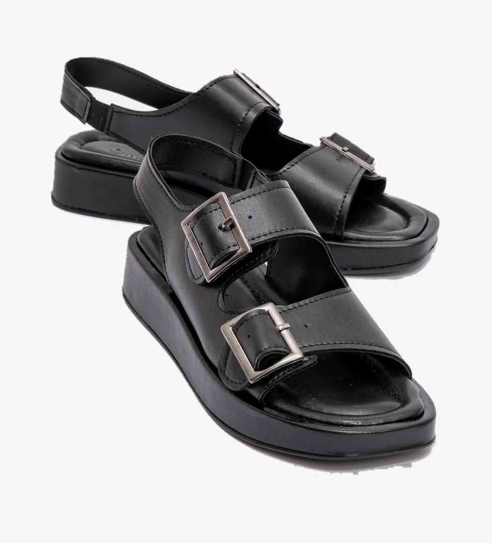 Kadın Çift Tokalı Lastikli Sandalet SİYAH