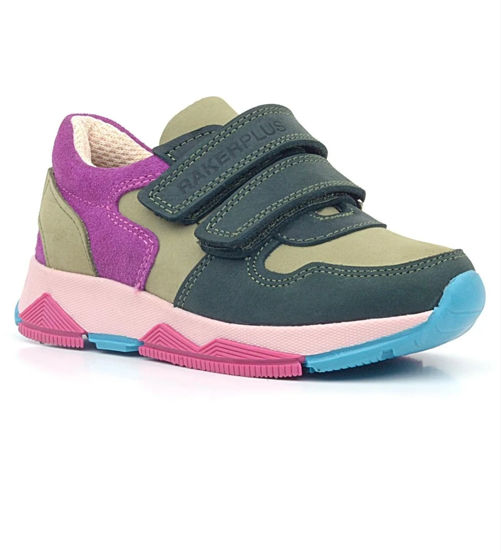 Rakerplus Hakiki Deri Haki Yeşil Fuşya Çocuk Cırtlı Sneakers Spor Ayakkabı model görseli