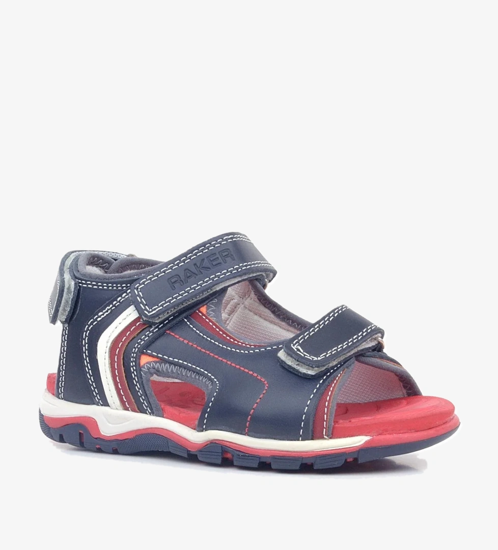 Hakiki Deri Kırmızı Tabanlı Lacivert Cırtlı Erkek Çocuk Sandalet - Görsel 1