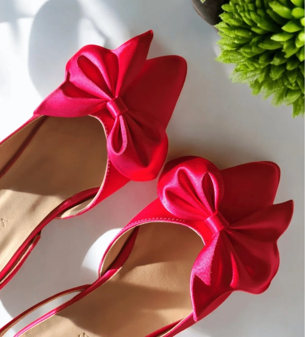 Vina Fuşya Fiyonklu Saten (2 cm Topuklu) Bilekten Bantlı Sivri Burun Günlük Babet - Görsel 1