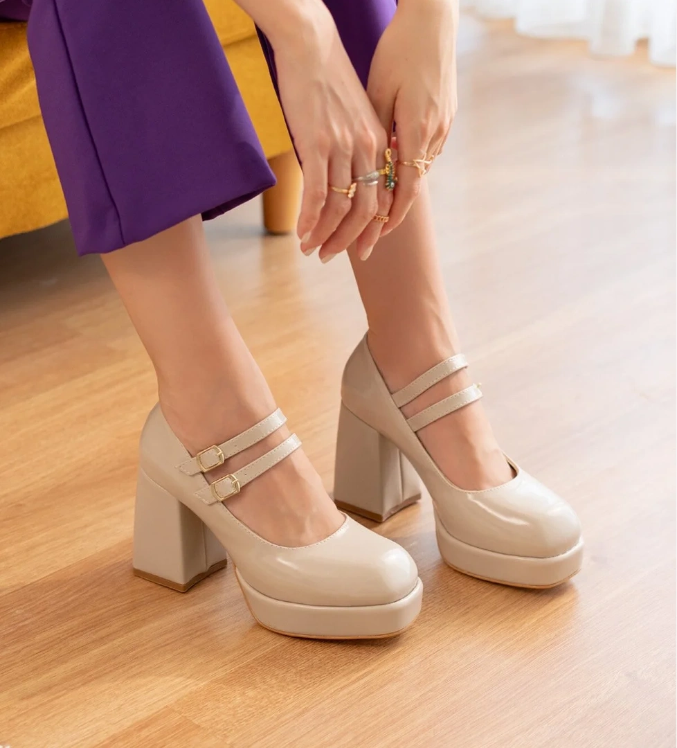 Kessie Bej Rugan ( 9 cm Topuklu) Çift Tokalı Platformlu Topuklu Ayakkabı