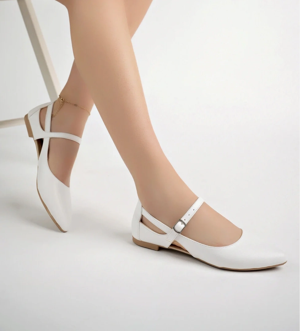 Kadın Yazlık Rahat Baretli Sivri Burun Babet Ayakkabı .2024.052 Beyaz
