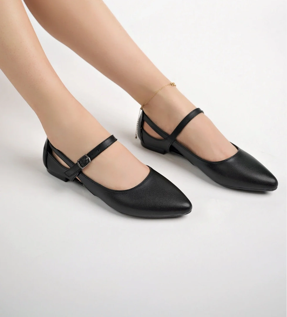 Kadın Yazlık Rahat Baretli Sivri Burun Babet Ayakkabı .2024.052 Siyah