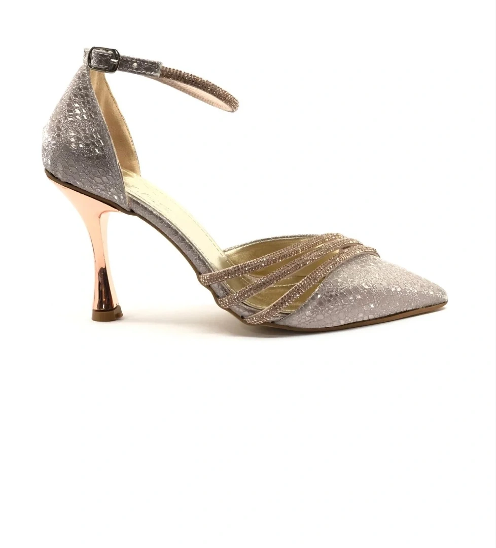 Bilek Bağlı Üç Şerit Taş Detaylı Topuklu Stiletto Kadın Ayakkabı