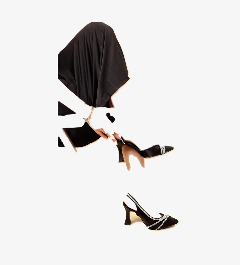 Üç Şerit Taş Detaylı 6 cm Topuklu Arkası Açık Kadın Klasik Ayakkabı - Görsel 1