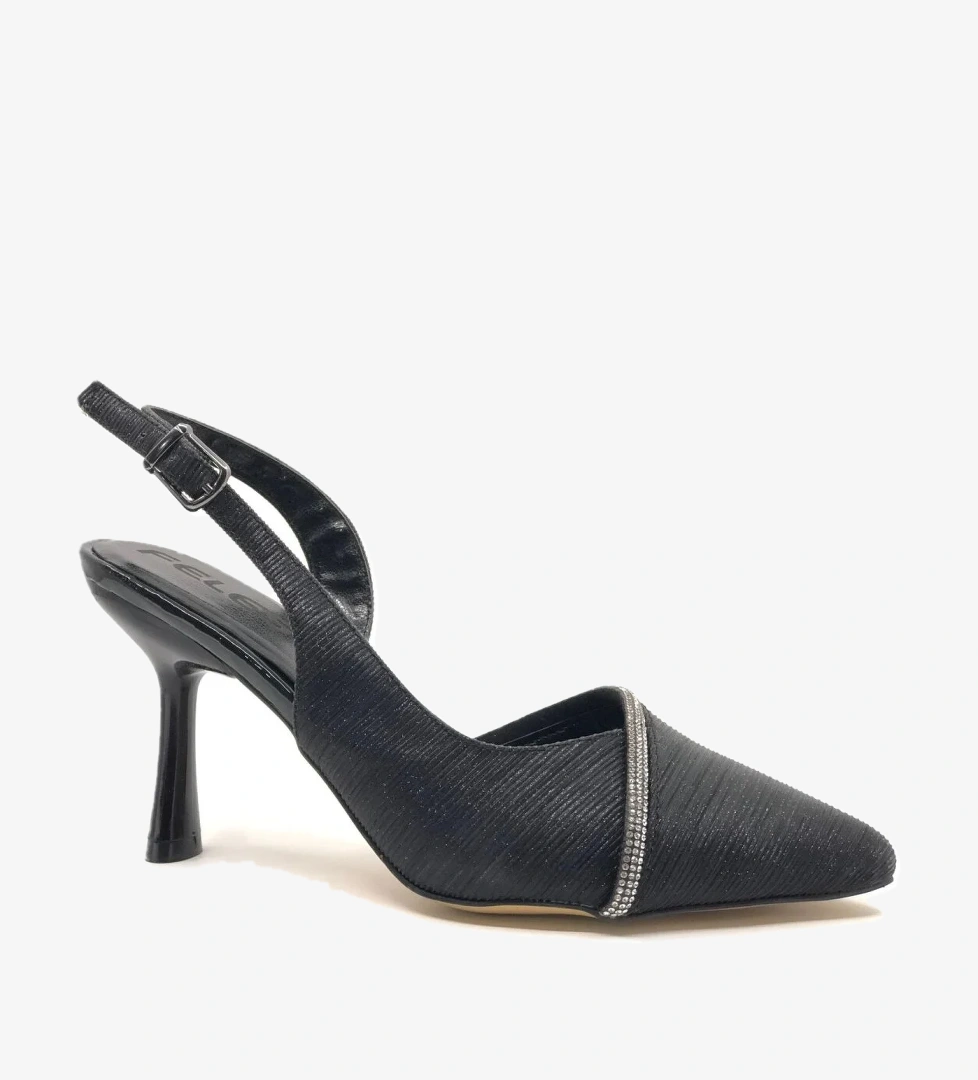Saten Şerit Taşlı Arkası Açık Stiletto Kadın Topuklu Ayakkabı