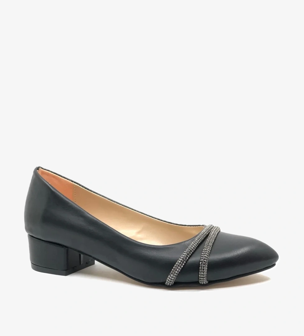 Çift Şerit Taş Detaylı 4 cm Topuklu Kadın Klasik Ayakkabı