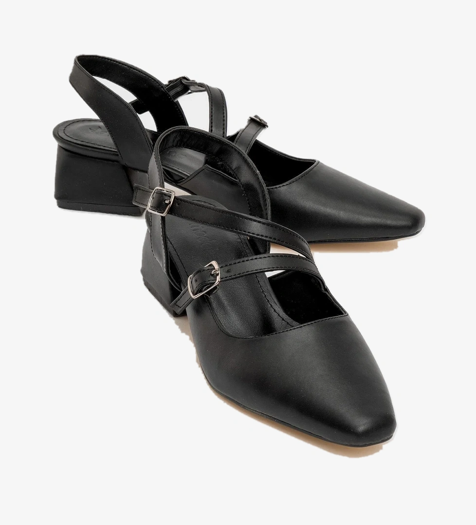 Ccway Kadın Arkası Açık 2 Tokalı Topuklu Sandalet Si̇yah Gümüş Ci̇lt model görseli