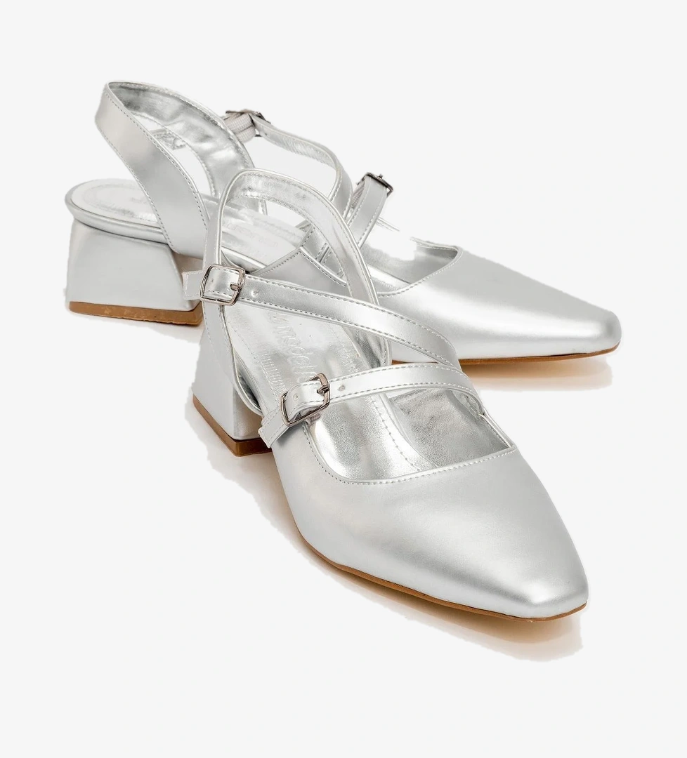 Kadın Arkası Açık 2 Tokalı Topuklu Sandalet GÜMÜŞ CİLT