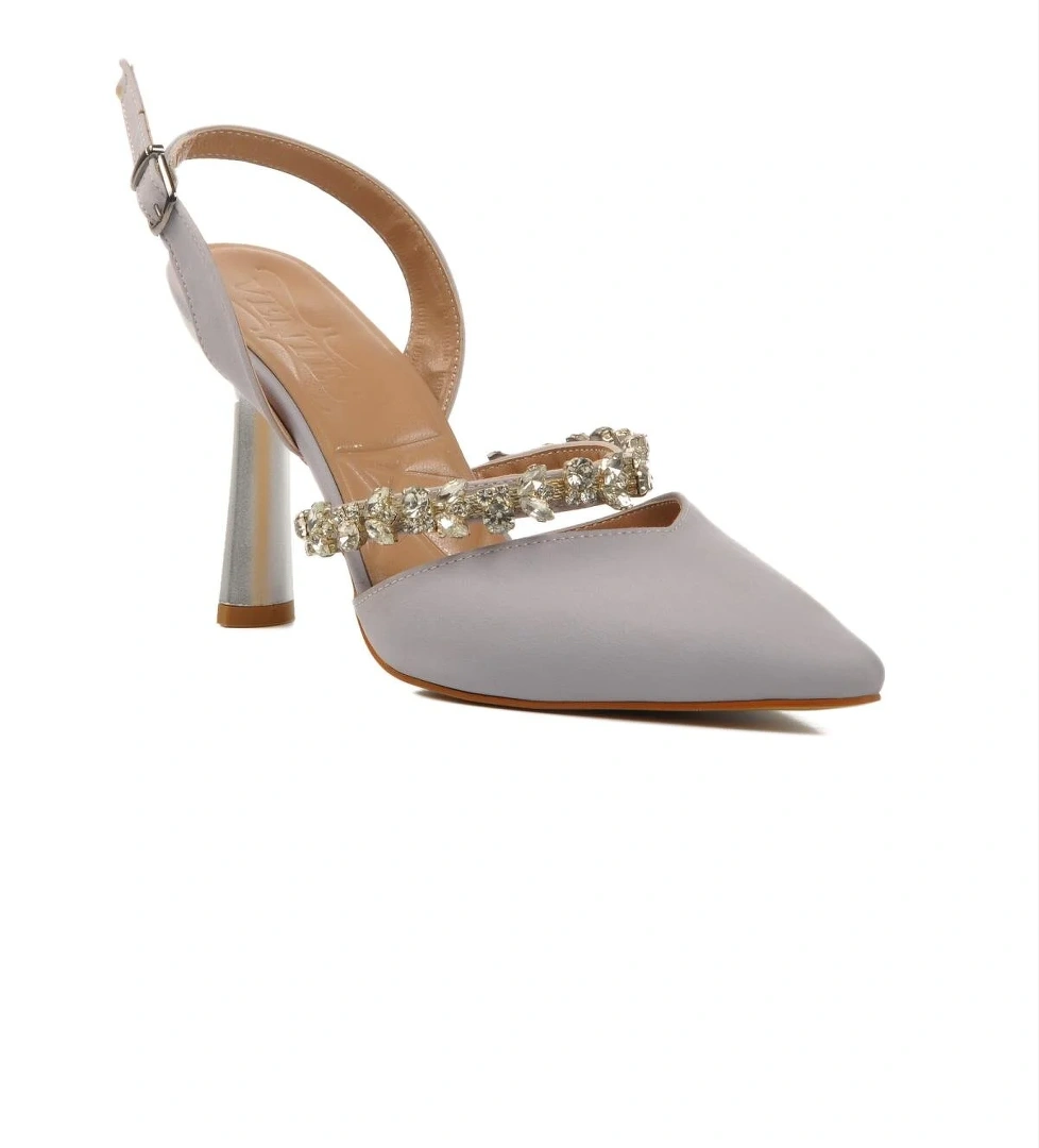 544012 Gümüş Saten Kadın Taşlı Abiye Ayakkabı - Görsel 1