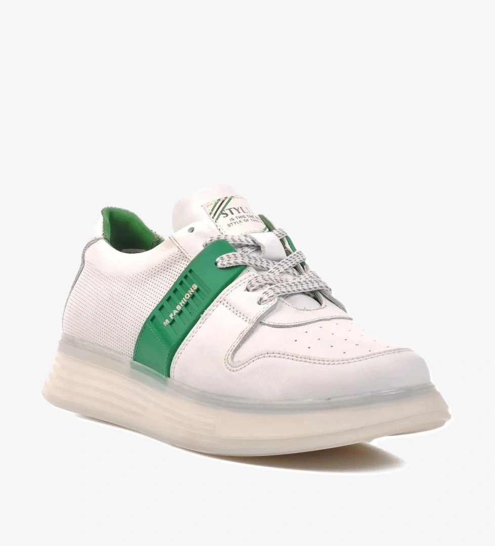 152-17266 Beyaz-Yeşil Hakiki Deri Erkek Casual Ayakkabı - Görsel 1