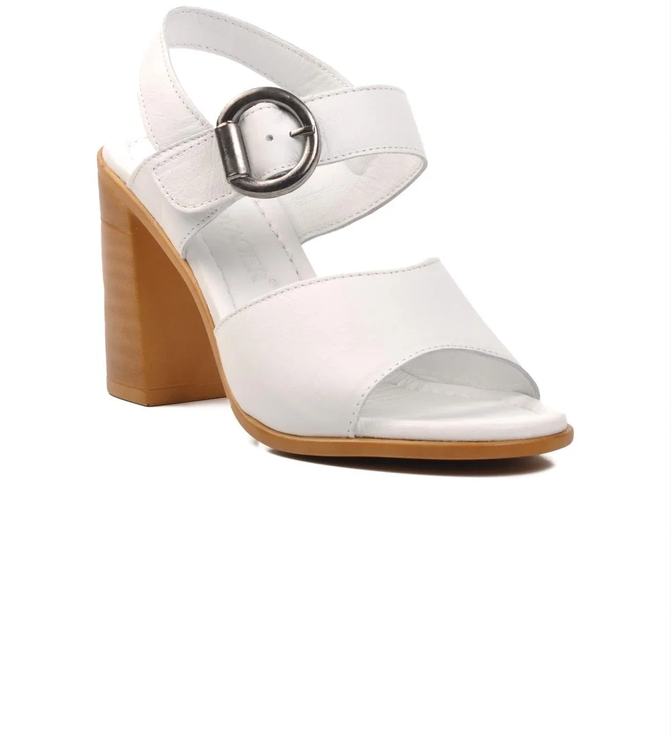 9750 Beyaz Hakiki Deri Kadın Topuklu Sandalet - Görsel 1
