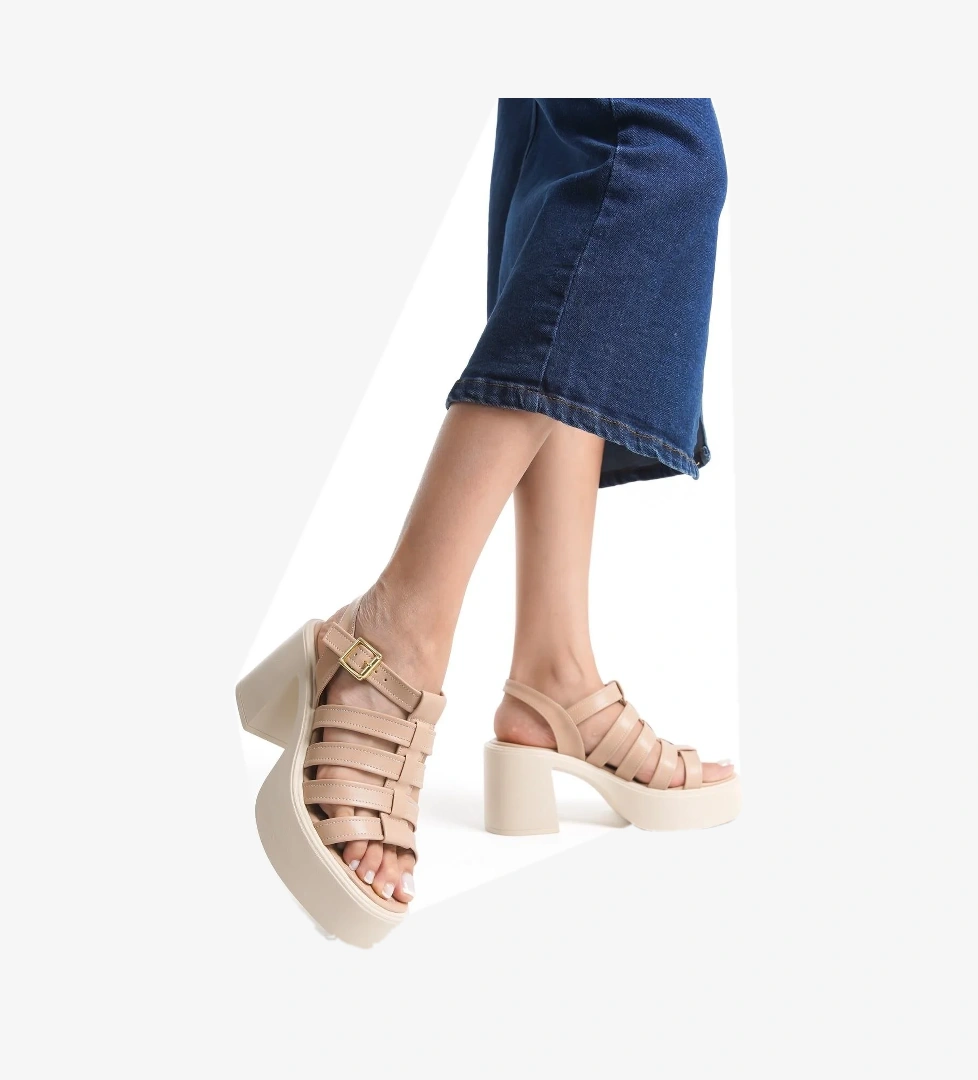 Zercok Ten Rengi Çok Bantlı Yüksek Sandalet Platform Topuklu Günlük Ayakkabı