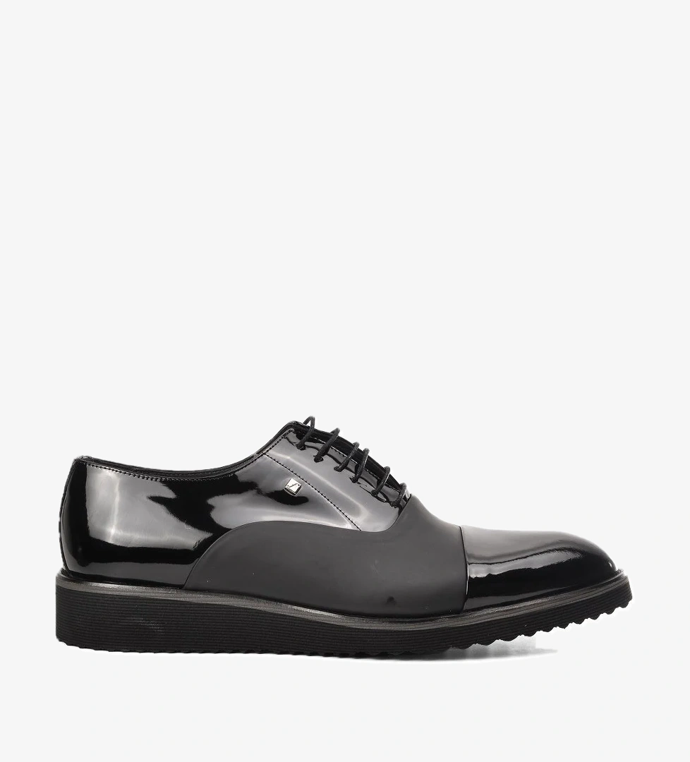 6590-B Siyah Rugan-Mat Siyah Hakiki Deri Büyük Numara Erkek Klasik Ayakkabı - Görsel 1