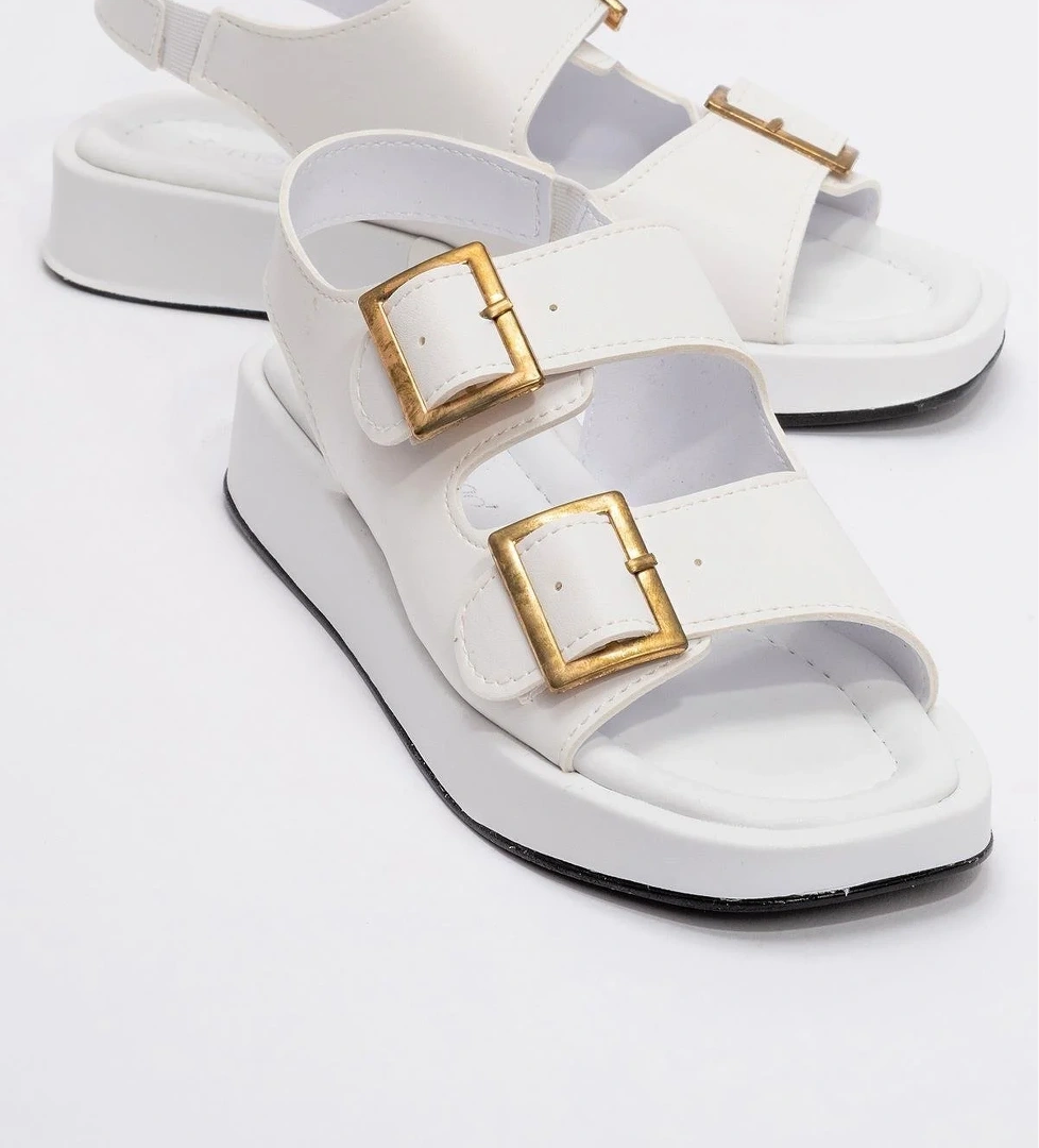 Kadın Çift Tokalı Lastikli Sandalet BEYAZ