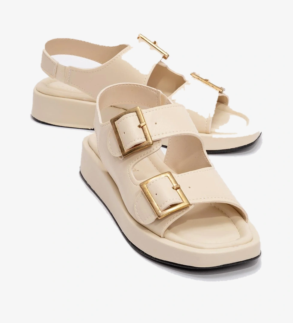 Kadın Çift Tokalı Lastikli Sandalet BEJ - Görsel 1