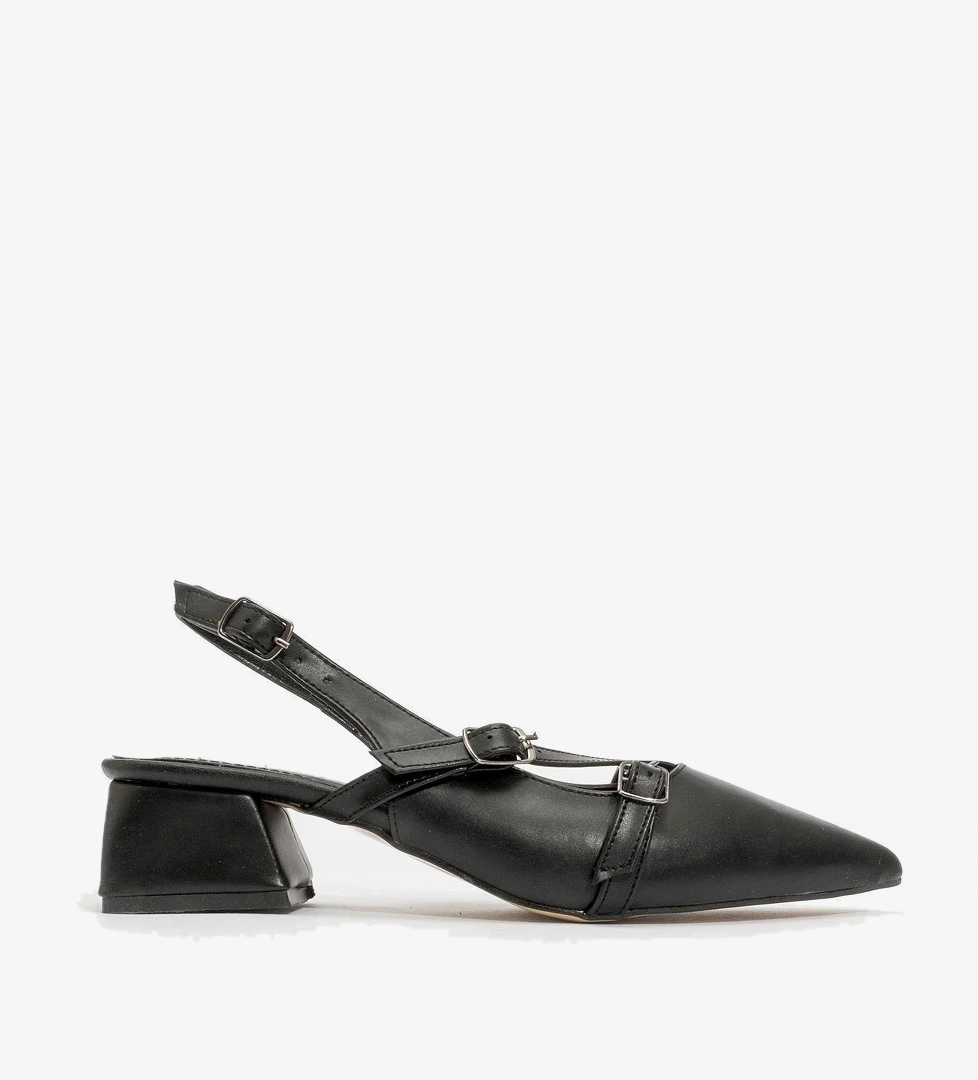 Kadın Arkası Açık Tokalı Topuklu Sandalet SİYAH CİLT - Görsel 1