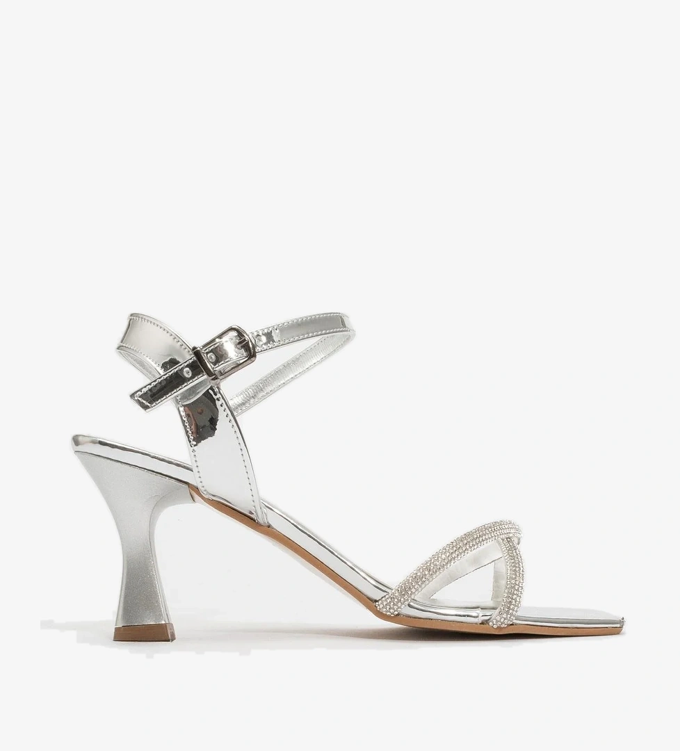 Kadın Dolama Taşlı Topuklu Sandalet GÜMÜŞ AYNA